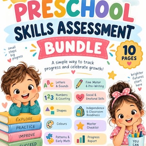 Könnte beinhalten: Ein 10-seitiges Bildungsdokument Preschool Skills Assessment Bundle mit Illustrationen von zwei Kindern, einer Sonne und einem Regenbogen. Der Text enthält Play, Learn, Grow, Small steps big progress, Brighter futures start here und You can do it.