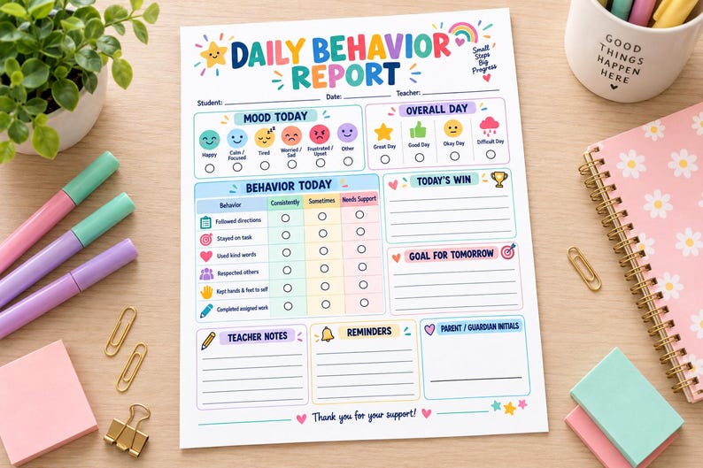 Small Behavior Notes Daily Behavior Report Printable, Student Behavior Tracker, Parent ...
