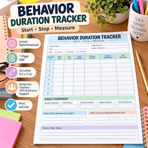 Behavior Duration Tracker Printable, Student Behavior Data Sheet, Special Education Teacher Form, Classroom Behavior Tracking PDF