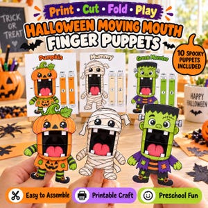 Könnte beinhalten: Ein Set aus ausdruckbaren Halloween-Fingerpuppen mit beweglichem Mund, darunter ein Kürbis, eine Mumie und ein grünes Monster. Das Bastelset enthält Anleitungen zum Drucken, Schneiden, Falten und Spielen mit zehn gruseligen Figuren mit offenem Mund.