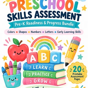 以下が含まれることがあります： Preschool Skills Assessment Pre-K Readiness & Progress Bundleの表紙。笑顔のリンゴ、鉛筆、クレヨン立て、Learn、Practice、Growと書かれた本の積み重ねが描かれています。テキストには20 Printable Assessment Pagesと記載されています。