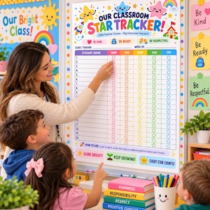 May include: A classroom star tracker chart featuring the text Our Classroom Star Tracker, Little Positive Choices, Big Classroom Success, Be Kind, Be Ready, Be Respectful, How to Use, Shine Bright, Keep Growing, and Every Star Counts.