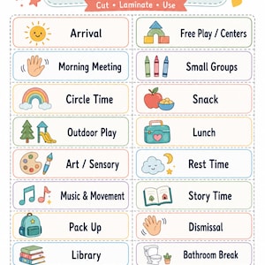 以下が含まれることがあります： 「VISUAL SCHEDULE CARDS」および「Cut • Laminate • Use」というタイトルの視覚的なスケジュールカードセット。各カードには、到着、自由遊び、朝の会、おやつ、昼食、遠足などの日常活動を示すカラフルなアイコンとテキストが記載されています。