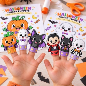 Könnte beinhalten: Sechs Fingerpuppen aus Papier mit Halloween-Motiven, darunter ein Kürbis, ein Geist, eine Fledermaus, ein Vampir, eine schwarze Katze und ein Skelett. Jede Puppe hat eine farbenfrohe Basis mit gelben Sternen und wird auf den Fingern präsentiert.