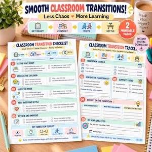 May include: Two printable classroom transition pages featuring a checklist and a tracker. The documents include colorful icons, numbered steps from one to five, and text headers such as Smooth Classroom Transitions, Get Ready, Connect, Move, and Settle.