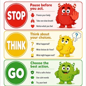 Puede incluir: Un póster educativo colorido titulado STOP THINK GO con tres secciones con bordes rojos, amarillos y verdes. Cada sección incluye instrucciones y un monstruo de dibujos animados: uno rojo para stop, uno amarillo para think y uno verde para go. El texto inferior dice STOP THINK THEN GO y My choices are in my control.