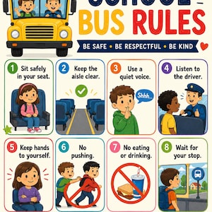May include: A colorful educational poster titled SCHOOL BUS RULES featuring a yellow bus illustration and eight numbered panels with cartoon characters demonstrating safety guidelines like sitting safely, keeping aisles clear, and listening to the driver.