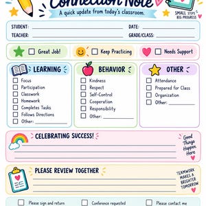 May include: A colorful Parent Connection Note classroom form featuring sections for student details, learning, behavior, and other updates. The page includes checkboxes, icons like a pencil, apple, and rainbow, and text prompts such as Great Job, Keep Practicing, and Needs Support.
