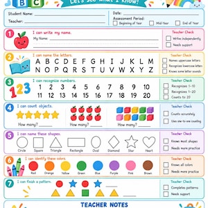 以下が含まれることがあります： 幼稚園の準備状況を評価するためのカラフルなワークシート。生徒の名前、日付、教師のメモ欄があります。名前の記入、文字、数字、形、色、パターンの識別といった番号付きの課題と、教師用のチェックボックスが含まれています。