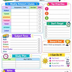 Puede incluir: Una hoja de planificación de tareas colorida titulada My Homework Planner con secciones para horario semanal, prioridades, materias, plan de estudio, metas y notas. Incluye ilustraciones de libros, un lápiz, un trofeo y un sol.
