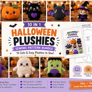 Op de afbeelding: Een naaipatroonbundel voor 10 Halloween-knuffels, waaronder een spook, pompoen, kat, vleermuis, heks, spin, snoepje, monster, mummie en Frankenstein. De set bevat gedrukte instructies, naaipatronen en een afgewerkte maat van 15 cm.