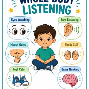 May include: An educational poster titled WHOLE BODY LISTENING featuring a central illustration of a child sitting cross-legged. Surrounding the child are six circular icons with labels: Eyes Watching, Ears Listening, Mouth Quiet, Hands Still, Feet Calm, and Brain Thinking. The bottom banner reads Be a great listener!
