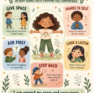 May include: An educational poster titled MY PERSONAL SPACE featuring illustrations of children and text explaining social boundaries. It includes sections like GIVE SPACE, HANDS TO SELF, ASK FIRST, LOOK & LISTEN, and STEP BACK with colorful graphics.