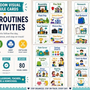 Puede incluir: Un conjunto de 80 tarjetas visuales imprimibles para rutinas y actividades escolares. Las tarjetas presentan ilustraciones coloridas de eventos escolares, tareas y controles emocionales. Incluye formato PDF, 10 páginas, tamaño 21,59 x 27,94 cm.