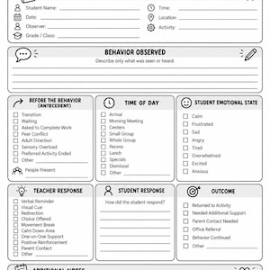 May include: A black and white Daily Behavior Observation Log form featuring sections for student information, behavior observed, antecedents, time of day, emotional state, teacher response, student response, outcomes, and additional notes.