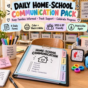 May include: A Daily Home-School Communication Pack featuring a binder with a Home-School Communication cover sheet, behavior and learning checklists, colorful tab dividers, a timer, a pencil cup, and sticky notes with motivational text.