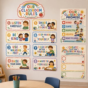 Könnte beinhalten: Ein Set aus Wandpostern für das Klassenzimmer mit der Überschrift Our Classroom Rules, acht nummerierten Regelschildern mit Kinderillustrationen, einem Classroom Promise-Poster und einem Create Your Own Classroom Rules-Poster.