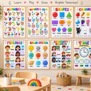 May include: A set of eight educational wall posters featuring colorful illustrations of the alphabet, numbers 1-20, shapes, colors, feelings, the solar system, community helpers, and time, all displayed in light wood frames on a wall.