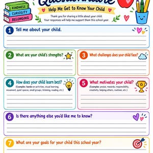 May include: A colorful Parent Questionnaire form featuring seven numbered sections with lines for writing. The header includes the text Parent Questionnaire, Help Me Get to Know Your Child, and illustrations of books, an apple, and school supplies.