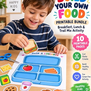May include: A printable activity bundle titled BUILD YOUR OWN FOOD featuring 10 pages for a lunchbox packing game. The set includes paper cutouts of a sandwich, apple, carrots, yogurt, cookie, and cucumber slices, along with blue scissors.