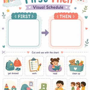 May include: A First Then visual schedule chart featuring a rainbow and cloud header, two large blank boxes for tasks, and a bottom section with cut-out cards showing activities like getting dressed, working, reading, cleaning, playing, and eating.