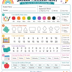 May include: A Preschool Skills Assessment worksheet featuring sections for student name, date, and teacher notes. It includes colorful graphics of a sun, rainbow, and pencil, with numbered sections for identifying colors, shapes, numbers, letters, days, and months.