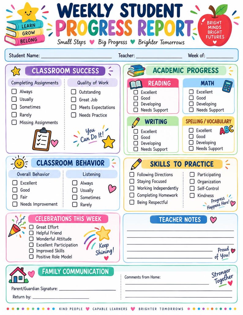 Weekly Student Progress Report Printable, Teacher Parent Communication ...