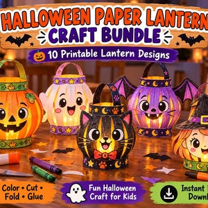 Puede incluir: Un paquete de manualidades de linternas de papel de Halloween con 10 diseños imprimibles. La imagen muestra cinco linternas ensambladas: una calabaza, un fantasma, un gato negro, una criatura morada con alas y una bruja, todas iluminadas.