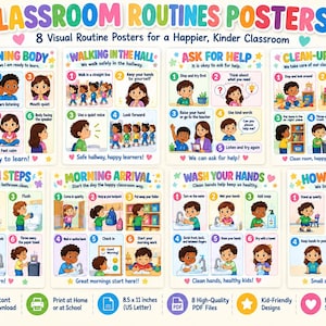 May include: A set of eight educational classroom routine posters featuring colourful illustrations of children and numbered steps for tasks like listening, walking in the hall, asking for help, cleaning up, bathroom steps, morning arrival, hand washing, and lining up.