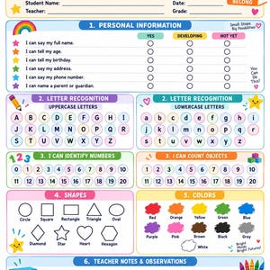 May include: A Beginning of the Year Student Assessment worksheet featuring sections for personal information, letter recognition, numbers, shapes, and colours. The colourful page includes illustrations of a sun, apple, rainbow, and crayons with text.