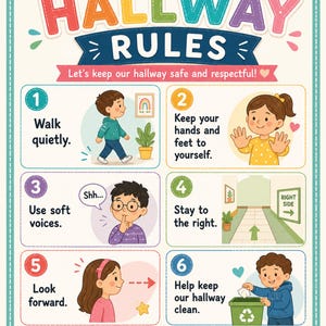 Puede incluir: Un póster educativo colorido titulado HALLWAY RULES con seis secciones numeradas que presentan ilustraciones de niños e instrucciones: Walk quietly, Keep your hands and feet to yourself, Use soft voices, Stay to the right, Look forward y Help keep our hallway clean.