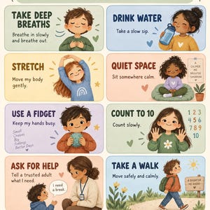 May include: An educational poster titled I NEED A BREAK featuring eight illustrated sections with coping strategies for children. Each section includes text and a character demonstrating actions like deep breathing, drinking water, stretching, and counting to ten.