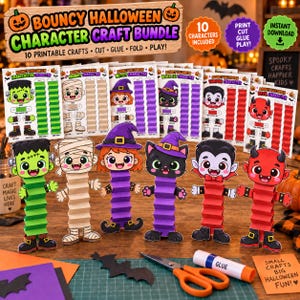 Puede incluir: Un paquete de manualidades Bouncy Halloween Character Craft Bundle con 10 figuras de papel imprimibles, incluyendo Frankenstein, momia, bruja, gato negro, vampiro y diablo. Incluye instrucciones para recortar, pegar, doblar y jugar con ellas.