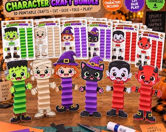 Puede incluir: Un paquete de manualidades Bouncy Halloween Character Craft Bundle con 10 figuras de papel imprimibles, incluyendo Frankenstein, momia, bruja, gato negro, vampiro y diablo. Incluye instrucciones para recortar, pegar, doblar y jugar con ellas.