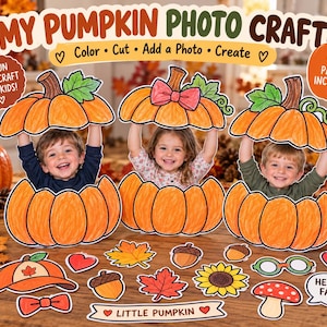 May include: A My Pumpkin Photo Craft kit featuring three paper pumpkin cutouts with orange segments, green leaves, and stems. Includes additional paper accessories like leaves, acorns, a sunflower, a mushroom, a hat, a bow, and a sign reading Little Pumpkin.
