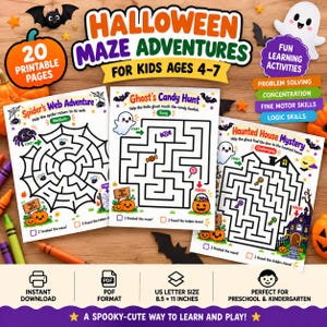 Op de afbeelding: Een set van 20 printbare Halloween doolhof-activiteitenpagina's voor kinderen van 4-7 jaar, met titels zoals Spider's Web Adventure, Ghost's Candy Hunt en Haunted House Mystery. Elke pagina bevat zwart-wit doolhofpuzzels, kleurrijke illustraties en selectievakjes voor voltooiing. Het document is in PDF-formaat en meet 21,59 x 27,94 cm.
