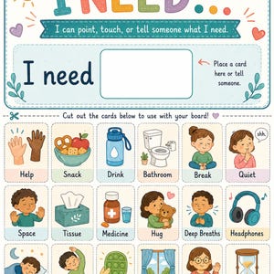 Può includere: Una tavola di comunicazione intitolata I NEED con uno spazio vuoto per le schede. Sotto ci sono diciotto schede illustrate con etichette tra cui Help, Snack, Drink, Bathroom, Break, Quiet, Space, Tissue, Medicine, Hug, Deep Breaths, Headphones, Rest, Movement, Fidget, Outside, Teacher e Wait.