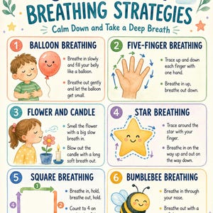 Può includere: Un poster educativo intitolato Classroom Breathing Strategies: Calm Down and Take a Deep Breath. Presenta sei tecniche numerate: respirazione a palloncino, a cinque dita, fiore e candela, stella, quadrato e calabrone, ciascuna con illustrazioni.