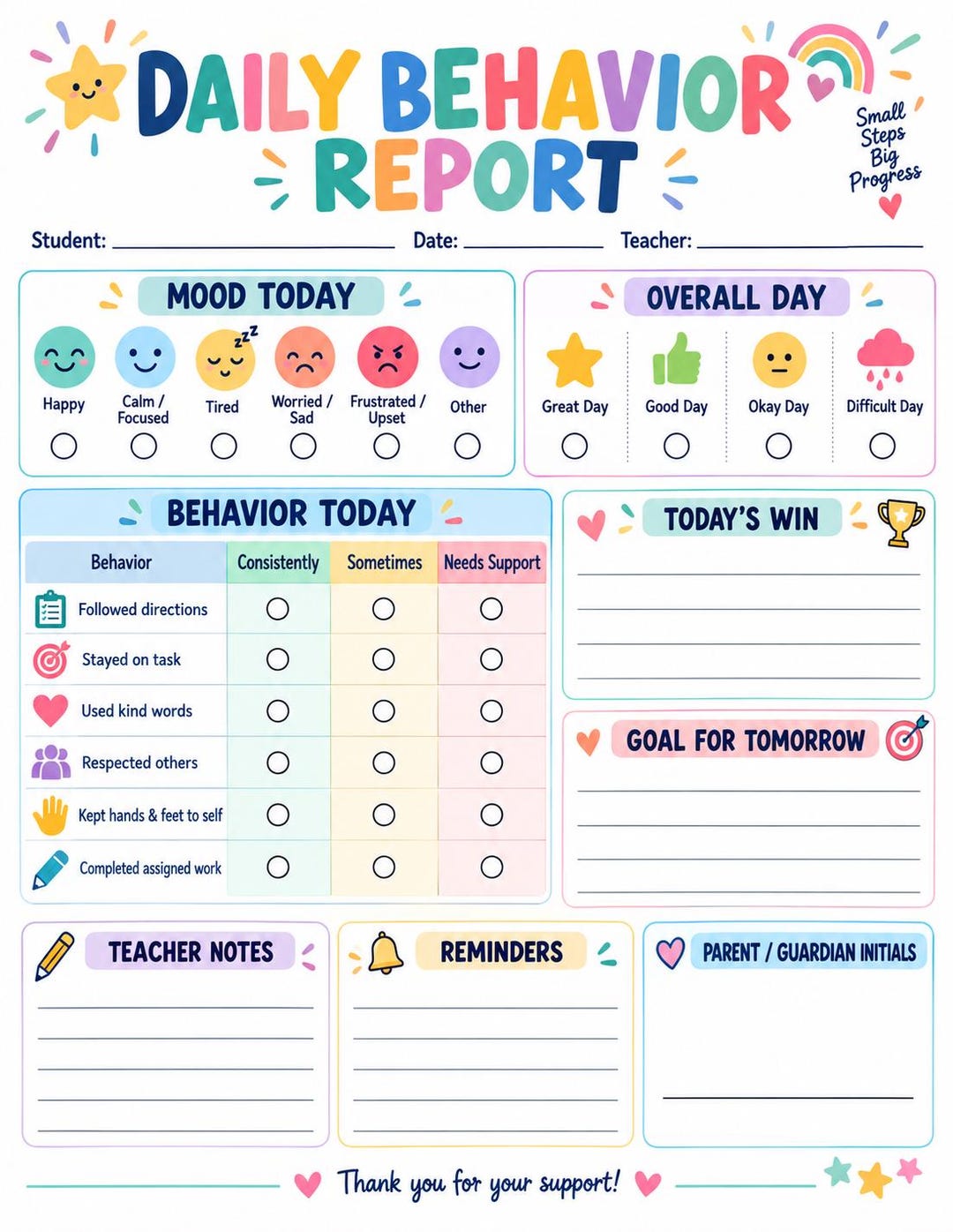 Daily Behavior Report Printable, Student Behavior Tracker, Parent ...