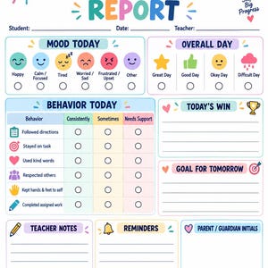 May include: A Daily Behavior Report printable sheet featuring sections for student, date, and teacher. It includes a mood tracker with emojis, an overall day rating, a behavior checklist, sections for wins, goals, notes, reminders, and parent initials.