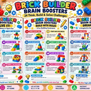 May include: A three-page bundle of Brick Builder Brain Boosters activity sheets featuring 24 building challenges. Each page includes colorful illustrations of plastic building bricks, numbered tasks, and text prompts for creative construction projects.