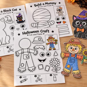 May include: Three printable Halloween cut and paste activity sheets featuring a black cat, a mummy, and a scarecrow. The sheets include outlines for coloring and cutting, alongside two fully colored and assembled paper figures of a cat and a scarecrow.