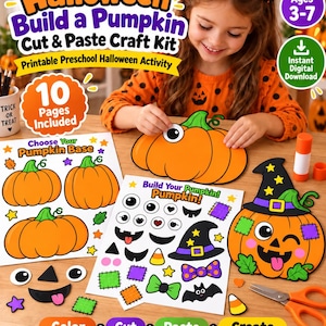 Może przedstawiać: Zestaw do wycinania i wyklejania Halloween Build a Pumpkin zawierający 10 stron do druku z bazami dyń, oczami, ustami i akcesoriami. Zestaw zawiera kolorowe ilustracje pomarańczowych dyń, czarnych kapeluszy czarownic i elementów twarzy.