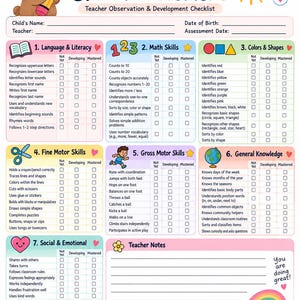 May include: A Preschool Skills Assessment checklist featuring sections for Language, Math, Colors, Shapes, Motor Skills, and Social Development. The document includes a bear illustration, a sun, a rainbow, and checkboxes for tracking progress.
