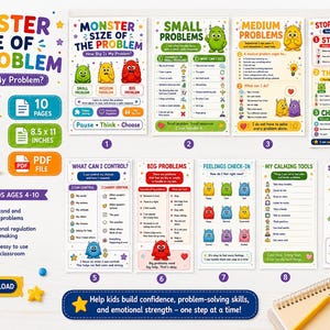 Rozmiar problemu do wydrukowania dla dzieci, Tabela rozwiązywania problemów z potworami, Regulacja emocji, SEL Calm Corner, Umiejętności radzenia sobie w PDF