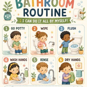 Badrumsrutinschema för barn | Visuellt schema för potträning | Checklista för småbarns badrum | Visuellt stöd för autism | Utskrivbar förskola
