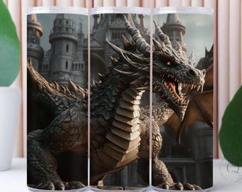 3D Dragon 20oz Sublimation Tumbler Designs, Castle Dragon 9.3&quot; x 8.2”, Straight Skinny Tumbler Wrap PNG, Sublimation Design PNG