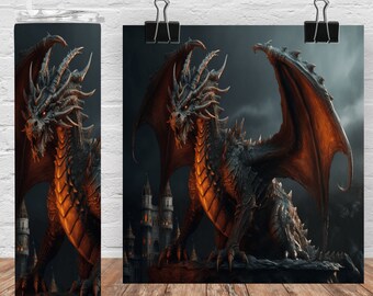 3D Dragon 20oz Sublimation Tumbler Designs, Castle Dragon 9.3&quot; x 8.2”, Straight Skinny Tumbler Wrap PNG, Sublimation Designs PNG
