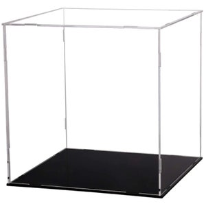 May include: A clear acrylic display case with a black base. The cube-shaped case has transparent sides and top, allowing full visibility of the contents. The case is designed to showcase collectibles or other items.