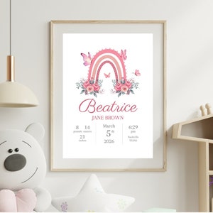 Signe de statistiques de naissance bébé arc-en-ciel, souvenir de détails de naissance, faire-part de naissance, cadeau nouveau parent, baby shower, décoration de chambre d&#39;enfant, impression personnalisée